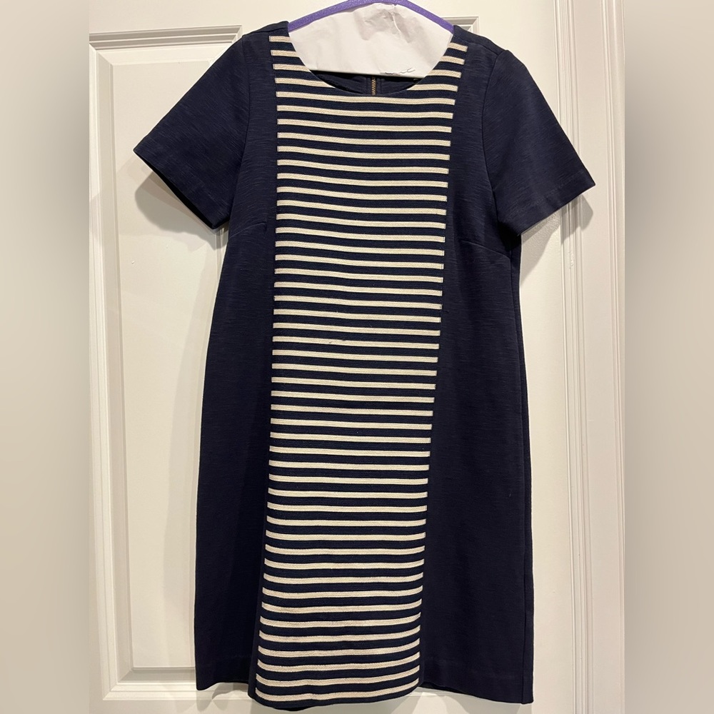 J.CREW cotton dress navy blue with blue and white stripe detail in the front.